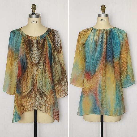 Bellissima flowing reptile feathery print Sheer Blouse medium - Picture 1 of 10